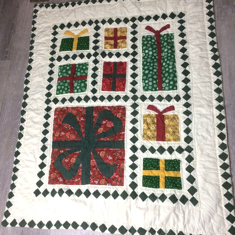 Handmade Hand Sewn Christmas Quilt Present Pattern Holiday Throw 47" x 57"